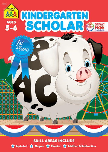 School Zone - Kindergarten Scholar Workbook - 64 Pages, Ages 5 to 6, Alphabet, Phonics, Shapes, Patterns, Counting, Addition & Subtraction, and More