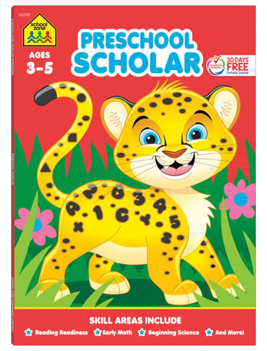 School Zone - Preschool Scholar Workbook - 64 Pages, Ages 3 to 5, Preschool to Kindergarten, Reading Readiness, Early Math, Science, ABCs, Writing, and More (Deluxe Edition 64-Page)