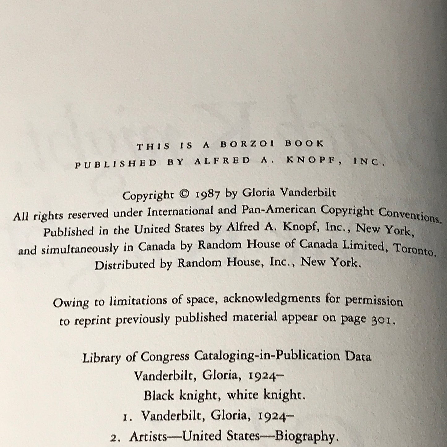 Black Knight White Knight - Gloria Vanderbilt - Signed 1st Edition - 1987