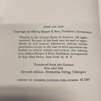 Being and Time - Martin Heidegger - Early Print - 1962