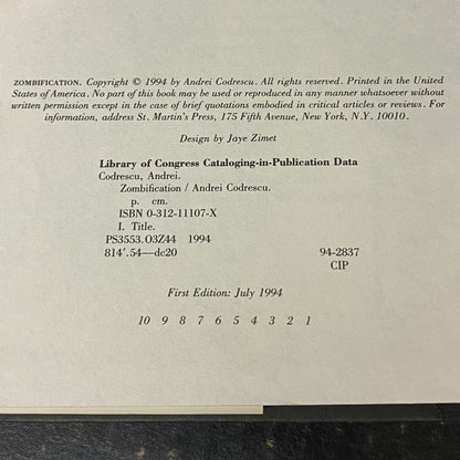 Zombification - Andrei Codrescu - Signed by Author - First Edition - 1994