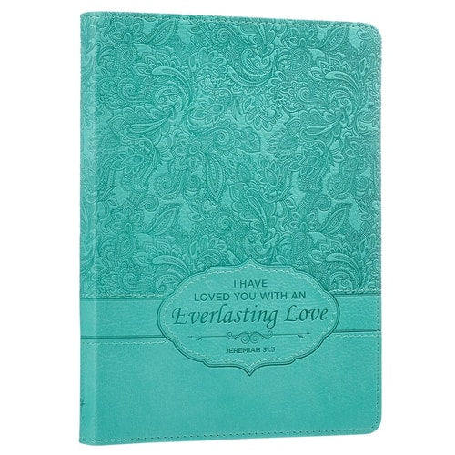 Christian Art Gifts Teal Faux Leather Journal | Everlasting Love Jeremiah 31:3 | Handy-sized Flexcover Inspirational Notebook w/Ribbon Marker 240 Lined Pages, Gilt Edges, 5.5 x 7 Inches