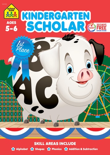 School Zone - Kindergarten Scholar Workbook - 64 Pages, Ages 5 to 6, Alphabet, Phonics, Shapes, Patterns, Counting, Addition & Subtraction, and More