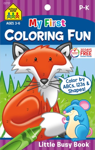 School Zone My First Coloring Fun Workbook: 48 Pages, Pre-K, Preschool, Kindergarten, Numbers, Counting, Letters, Alphabet, Shape Identification, Ages 3 to 6 (Little Busy Book Series)