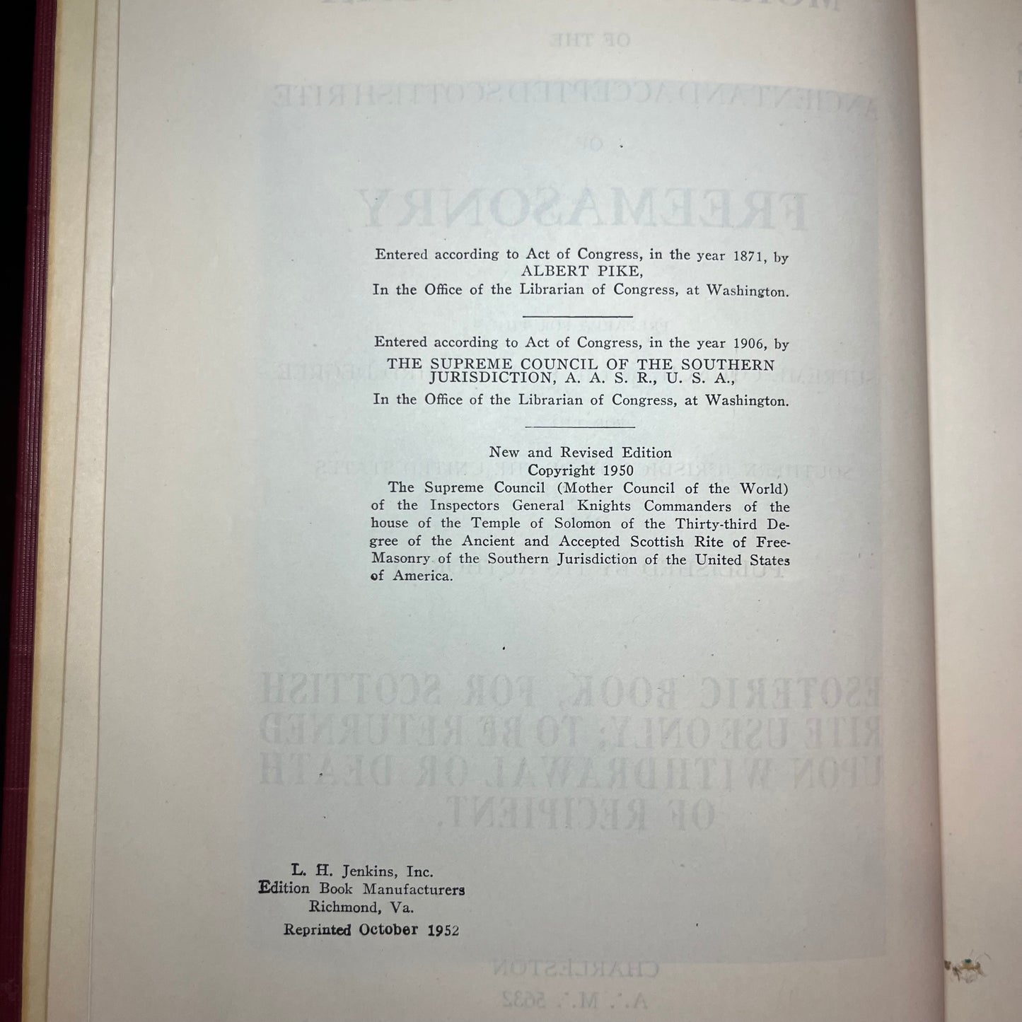 Morals and Dogma of the Ancient Accepted Scottish Rite of Freemasonry - 1952