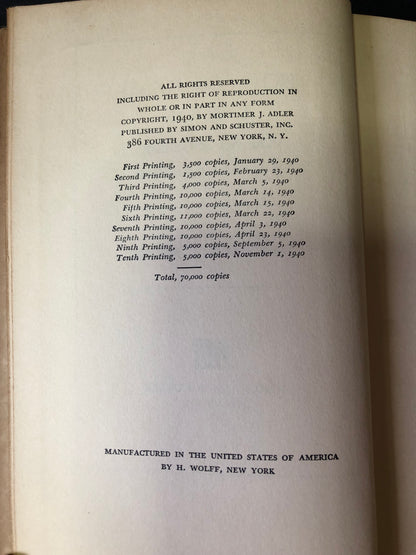 How to Read a Book - Mortimer J. Adler - First Edition - 10th Print - 1940