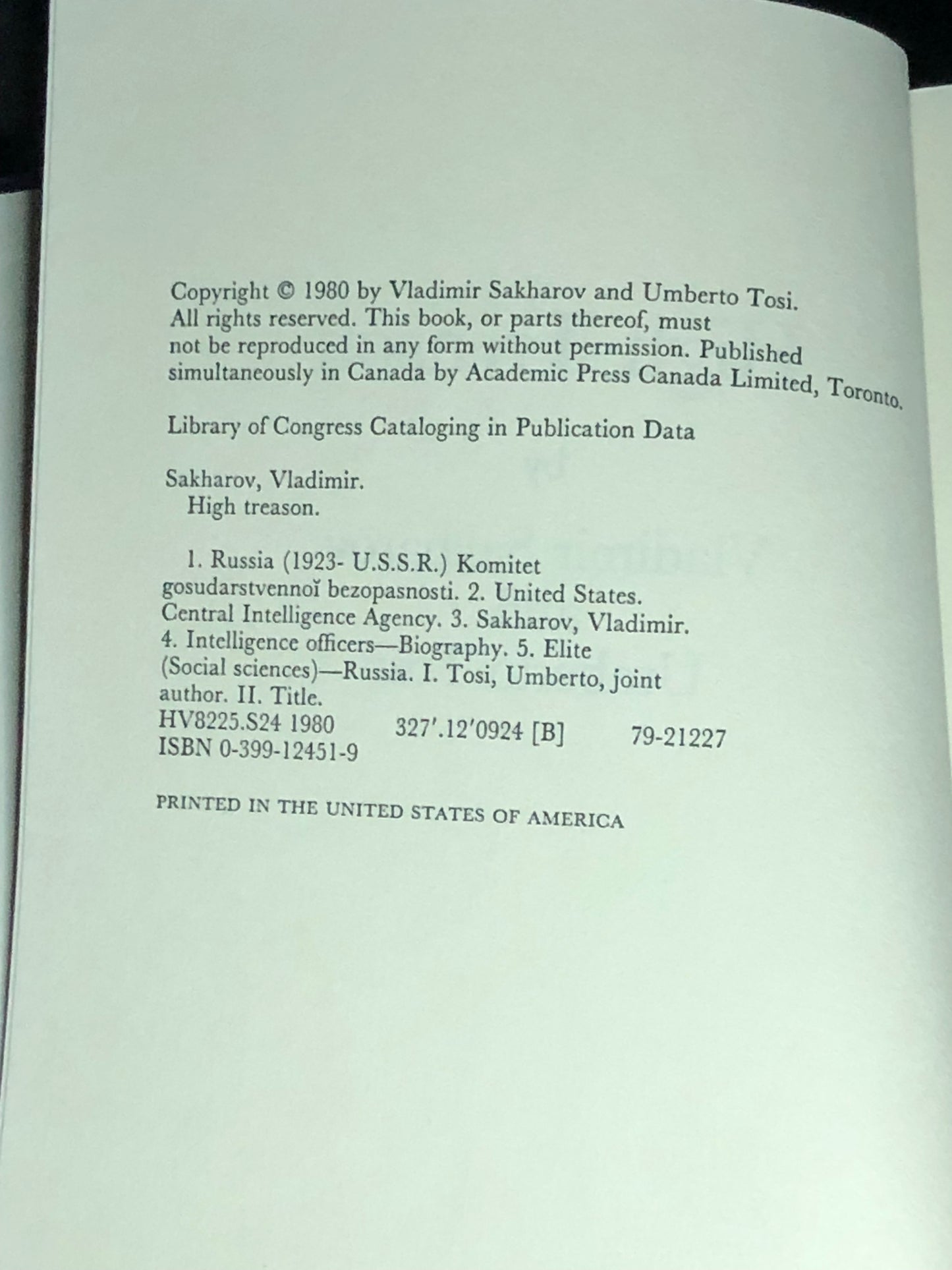 High Treason - Vladimir Sakharov - Signed - 1980