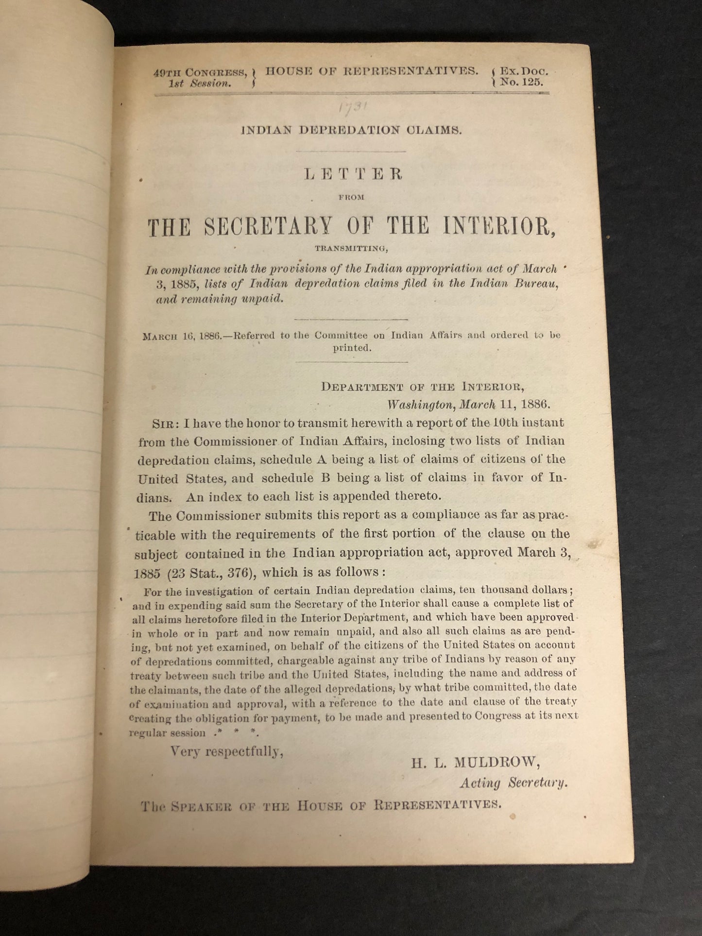 Indian Depredation - United States Department of The Interior - Very Scarce - 1886