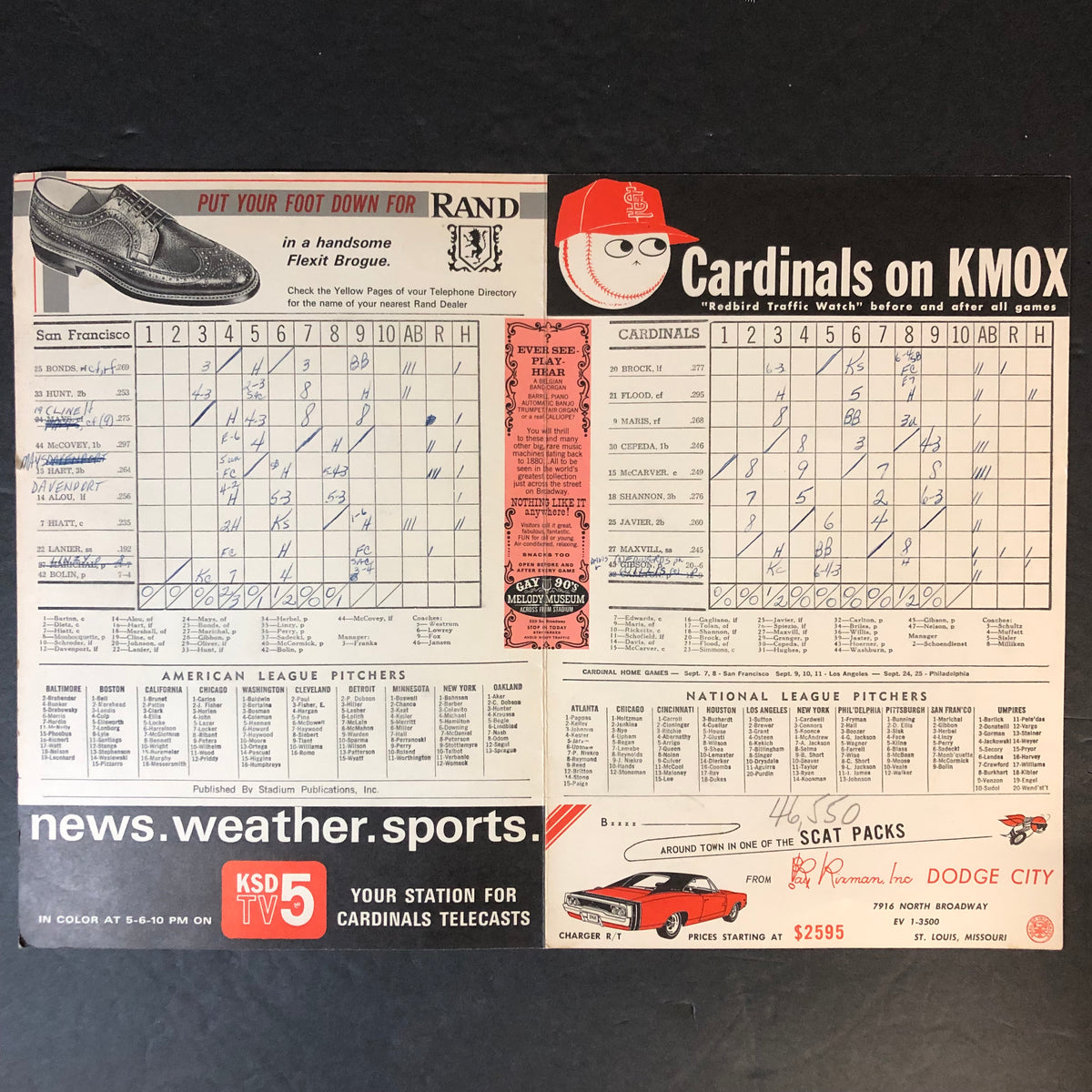 St. Louis Cardinals Full Game Scorecards - Set of 3 - 1968