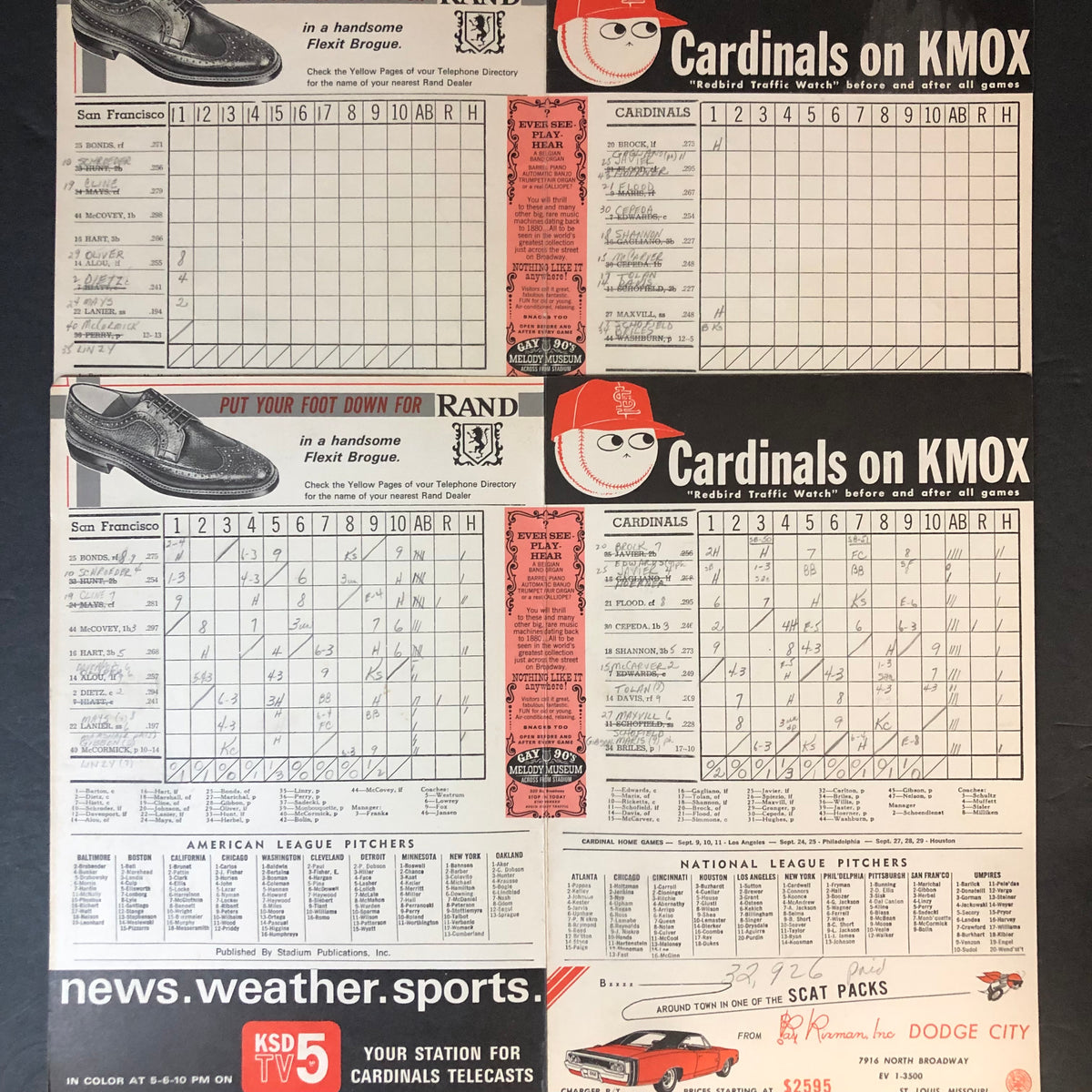 St. Louis Cardinals Full Game Scorecards - Set of 3 - 1968