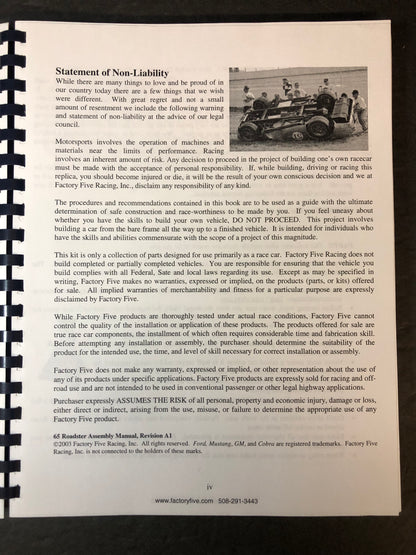 Assembly Manual 1965 Roadster MK II - Factory Five Racing Inc. - 2003