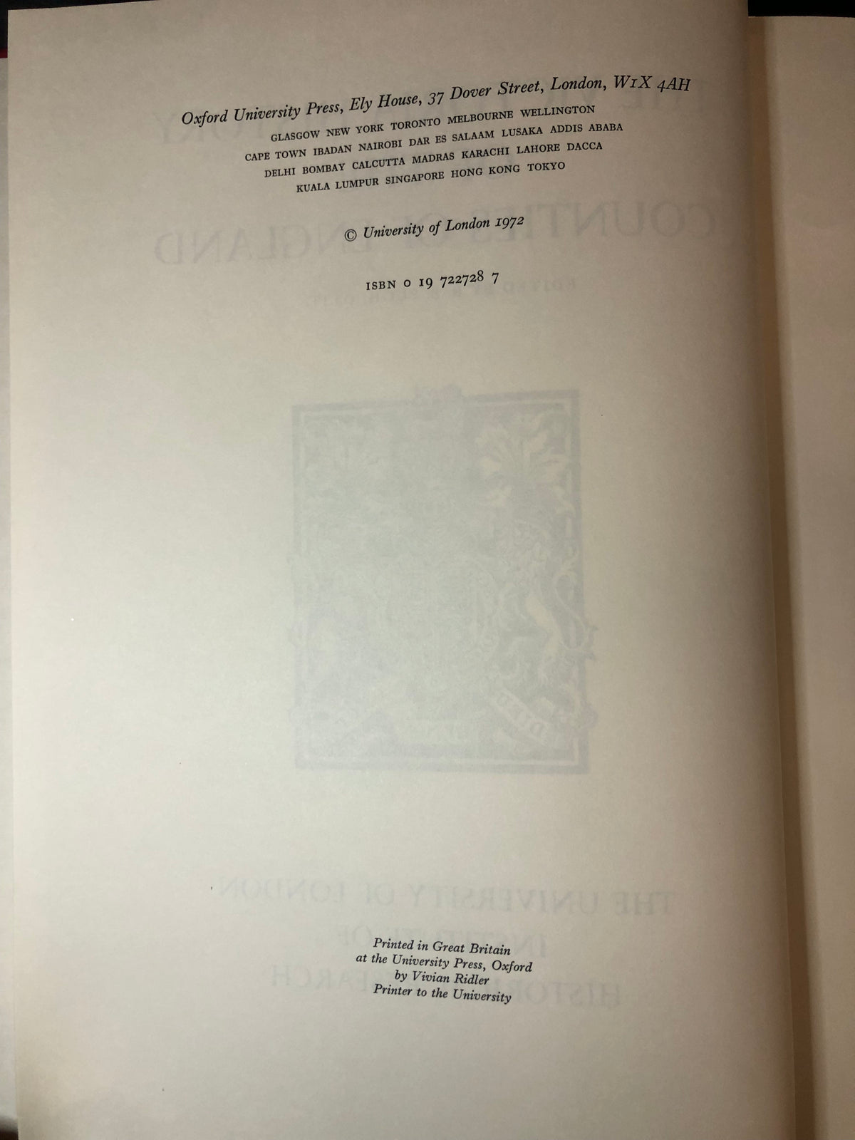 The Victoria History of the County of Oxford - Oxford University Press - Volume X Only - 1972