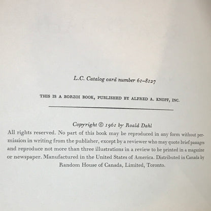 James and the Giant Peach - Roald Dahl - 1st Edition - 2nd Issue with a 1st Issue Dust Jacket - 4 Line Colophon containing "book press" - 1961
