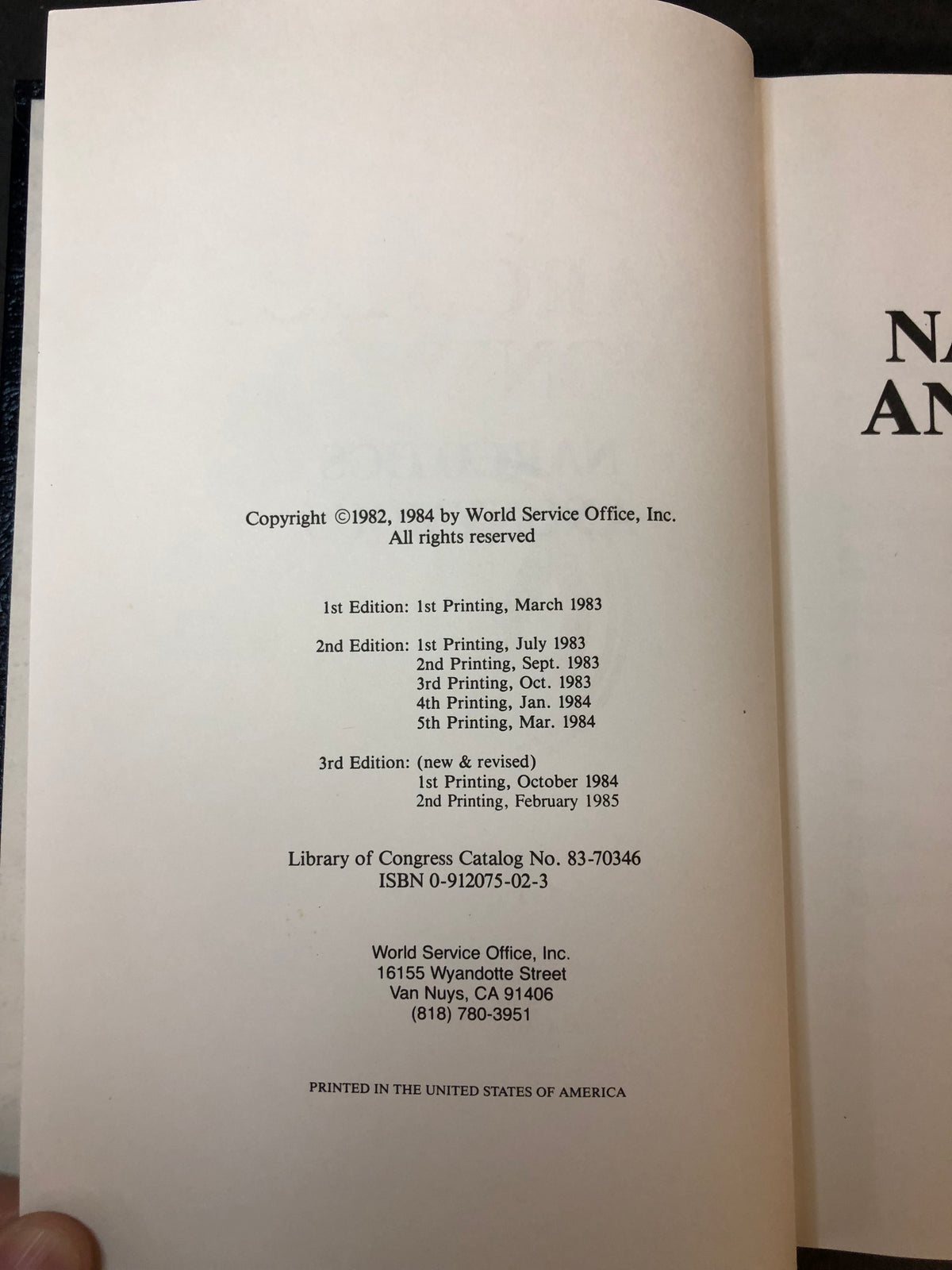 Narcotics Anonymous - A.A. World Services - Third Edition - Second Print - 1985