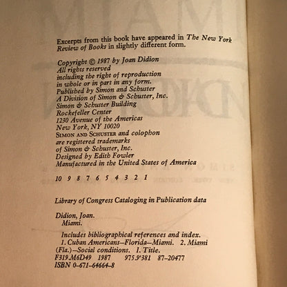 Miami - Joan Didion - Signed - First Edition - 1987