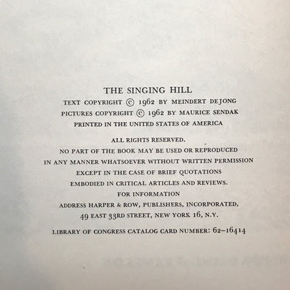 The Singing Hill - Meindert DeJong - First Edition - Pictures by Maurice Sendak - 1962
