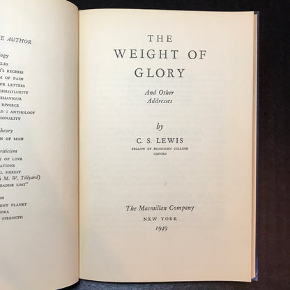 The Weight of Glory and Other Addresses - C. S. Lewis - 1st American Edition - 1949