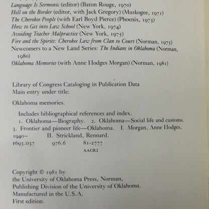 Oklahoma Memories - Anne Hodges Morgan - First Edition - Signed Twice - 1981