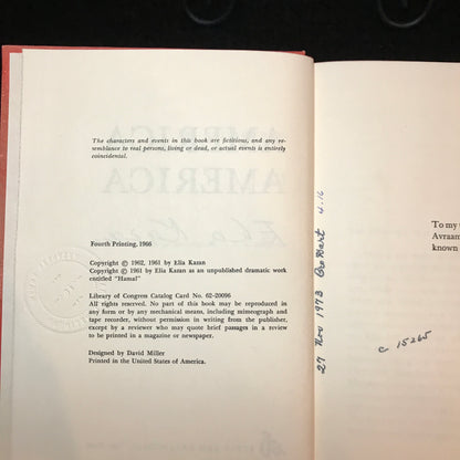 America America - Ella Kazan - Signed - Fourth Printing - 1966