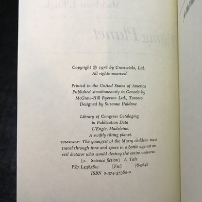 A Swiftly Tilting Planet - Madeleine L'Engle - Signed - 1978