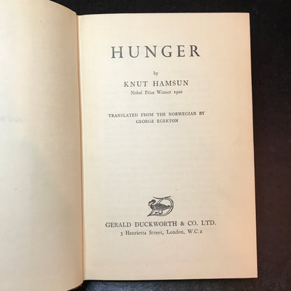 Hunger - Knut Hamsun - Reprint - Scarce with Dust Jacket - 1957