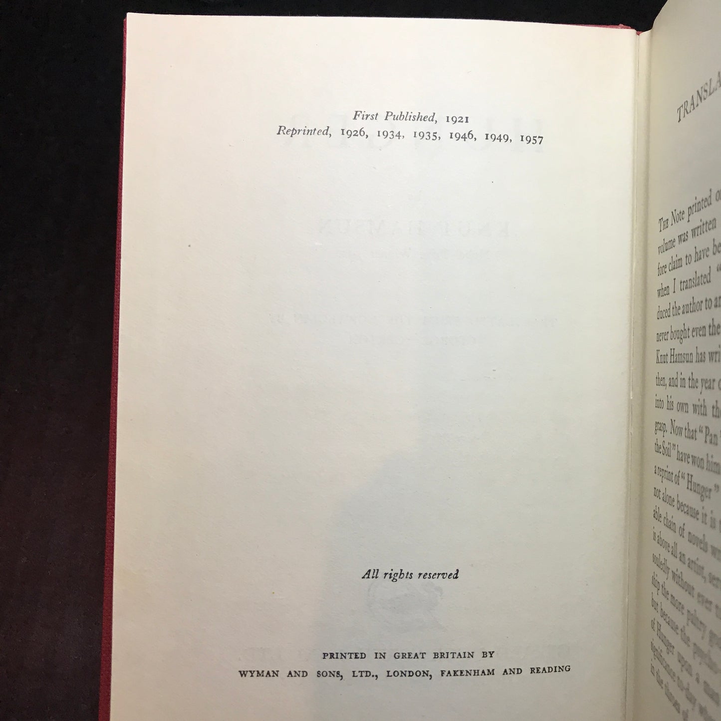 Hunger - Knut Hamsun - Reprint - Scarce with Dust Jacket - 1957