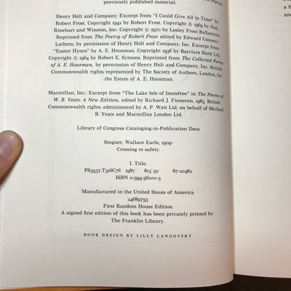 Crossing to Safety - Wallace Stegner - 1st Edition - 1987