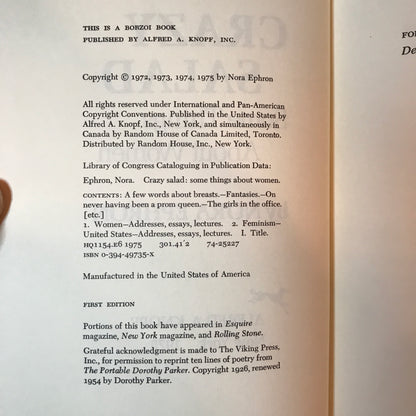 Crazy Salad: Some Things About Women - Nora Ephron - 1st Edition - 1975