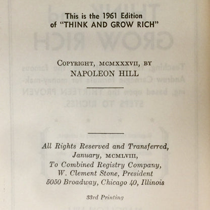 Think and Grow Rich - Napoleon Hill - Very Scarce with Dust Jacket - Thirty Third Printing - 1961