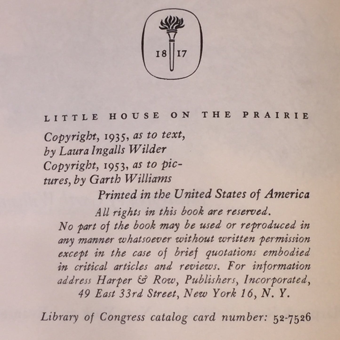 Little House on the Prairie - Laura Ingalls Wilder - Later Reprint - 1953
