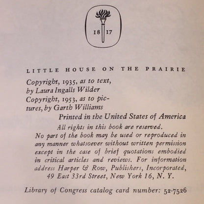 Little House on the Prairie - Laura Ingalls Wilder - Later Reprint - 1953