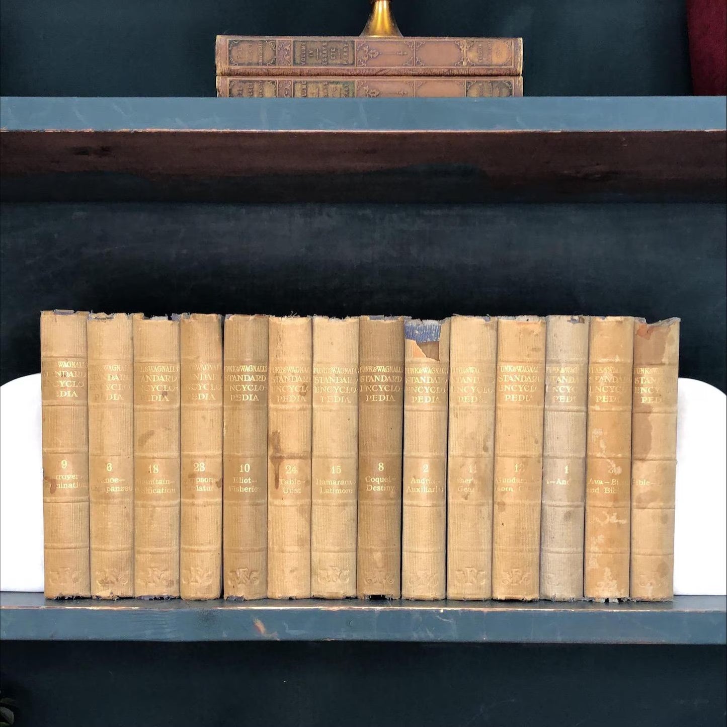 Classic Books by the Foot: Old World Library Shelf, Sun-faded indigo Encyclopedias, Hardcover Set, Display Hardcovers