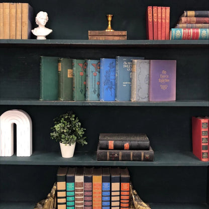 Classic Books by the Foot: Antique Ornate Green and Blue 1800's Book Set Victorian Cottage Decor, Display Hardcovers