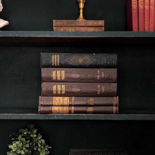 Classic Books by the Foot: Vintage Brown and Green Decorative Book Set Bound National Geographic Historic Study Decor, Display Hardcovers