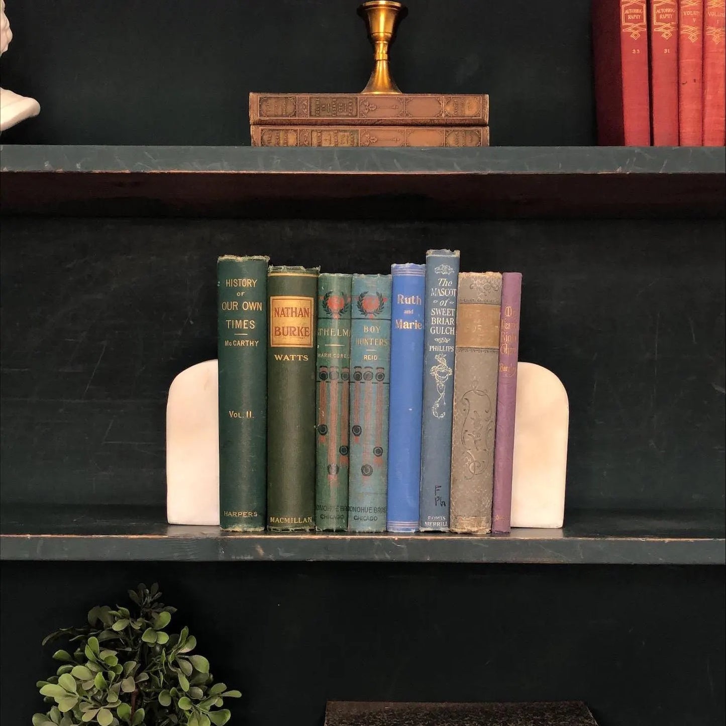Classic Books by the Foot: Antique Ornate Green and Blue 1800's Book Set Victorian Cottage Decor, Display Hardcovers