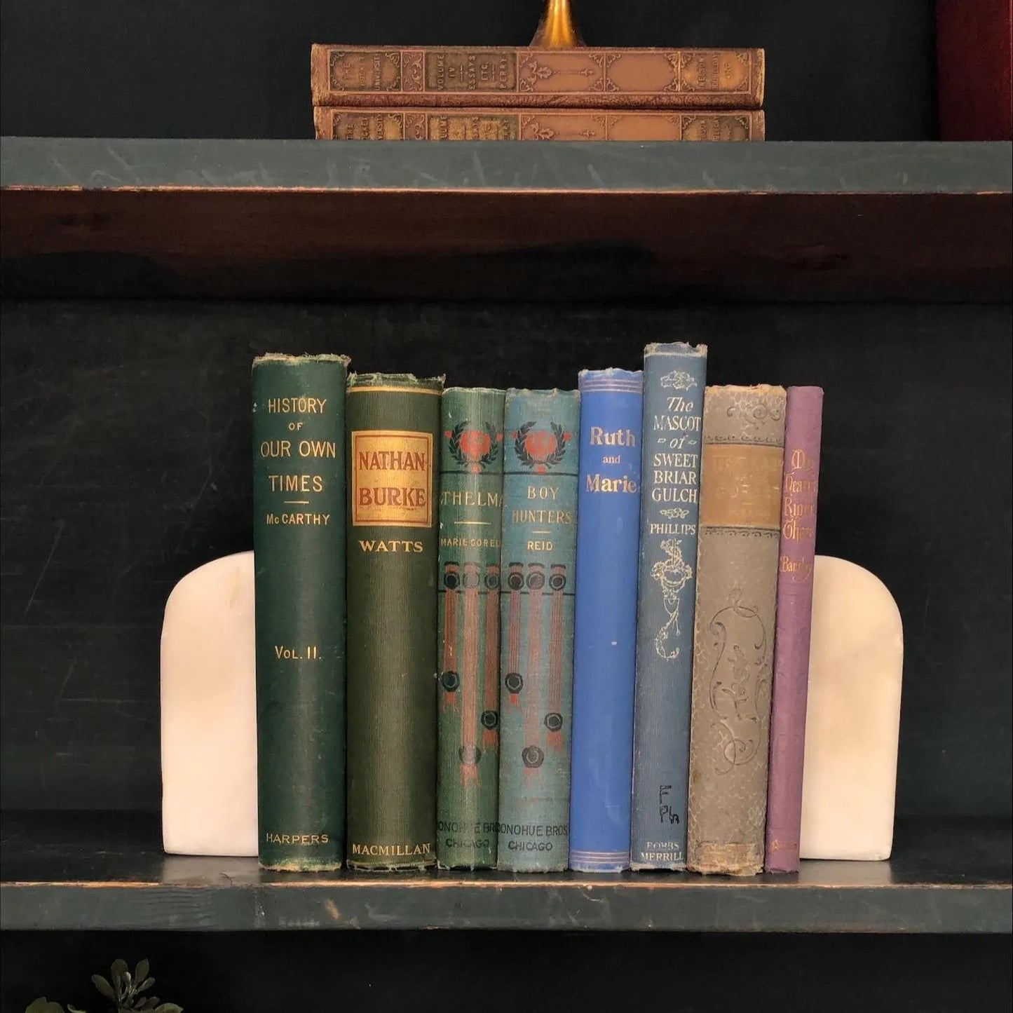 Classic Books by the Foot: Antique Ornate Green and Blue 1800's Book Set Victorian Cottage Decor, Display Hardcovers