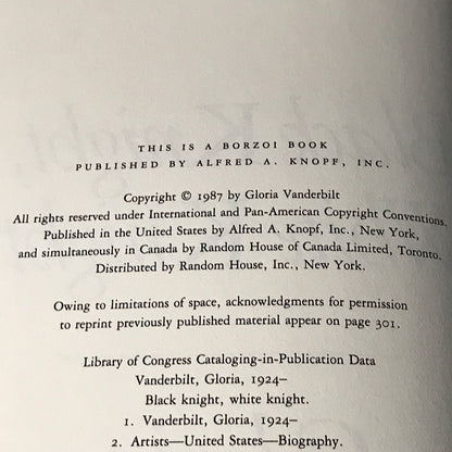 Black Knight White Knight - Gloria Vanderbilt - Signed 1st Edition - 1987