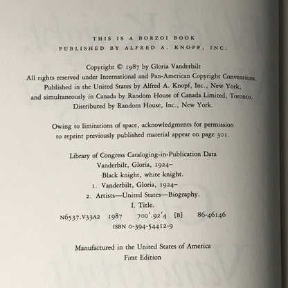 Black Knight White Knight - Gloria Vanderbilt - Signed 1st Edition - 1987