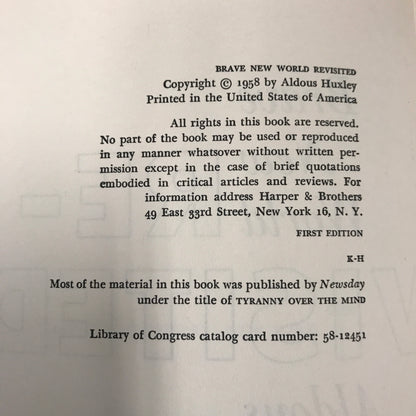 Brave New World Revisited - Aldous Huxley - 1st American Edition - 1958