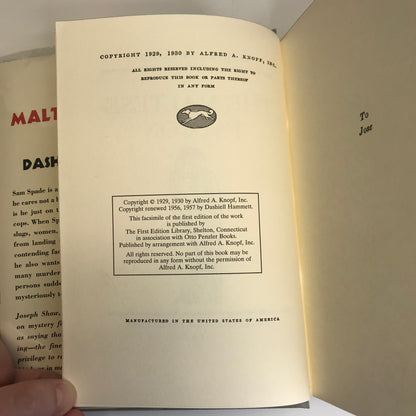 The Maltese Falcon - Dashiell Hammett - Re-Issue 1st Edition Facsimile - 1957