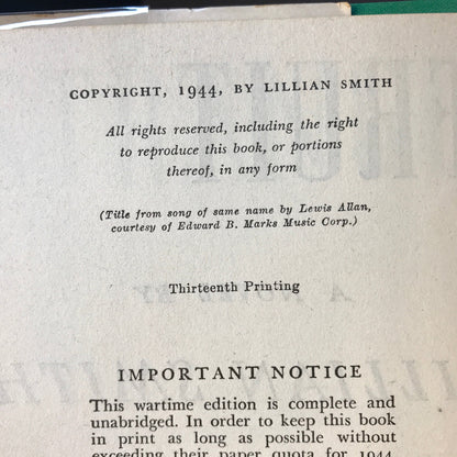 Strange Fruit - Lillian Smith - 13th Printing - 1944