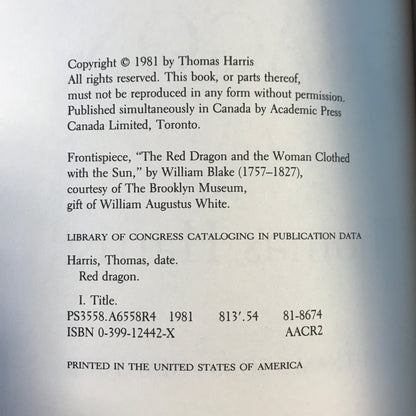 Red Dragon - Thomas Harris - 1st Edition - 1981