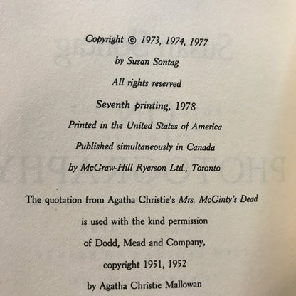 On Photography - Susan Sontag - 7th Print - 1978
