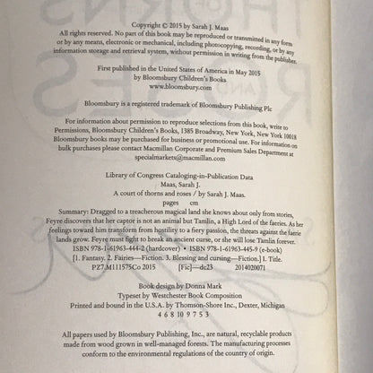 A Court of Thorns and Roses - Sarah J. Maas - 1st Edition, 3rd Printing - Signed - 2015