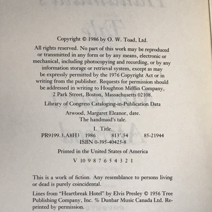 The Handmaid's Tale - Margaret Atwood - 1st Trade Edition - 1986