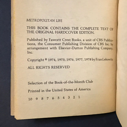 Metropolitan Life - Fran Lebowitz - Signed - 1st Thus - 1978