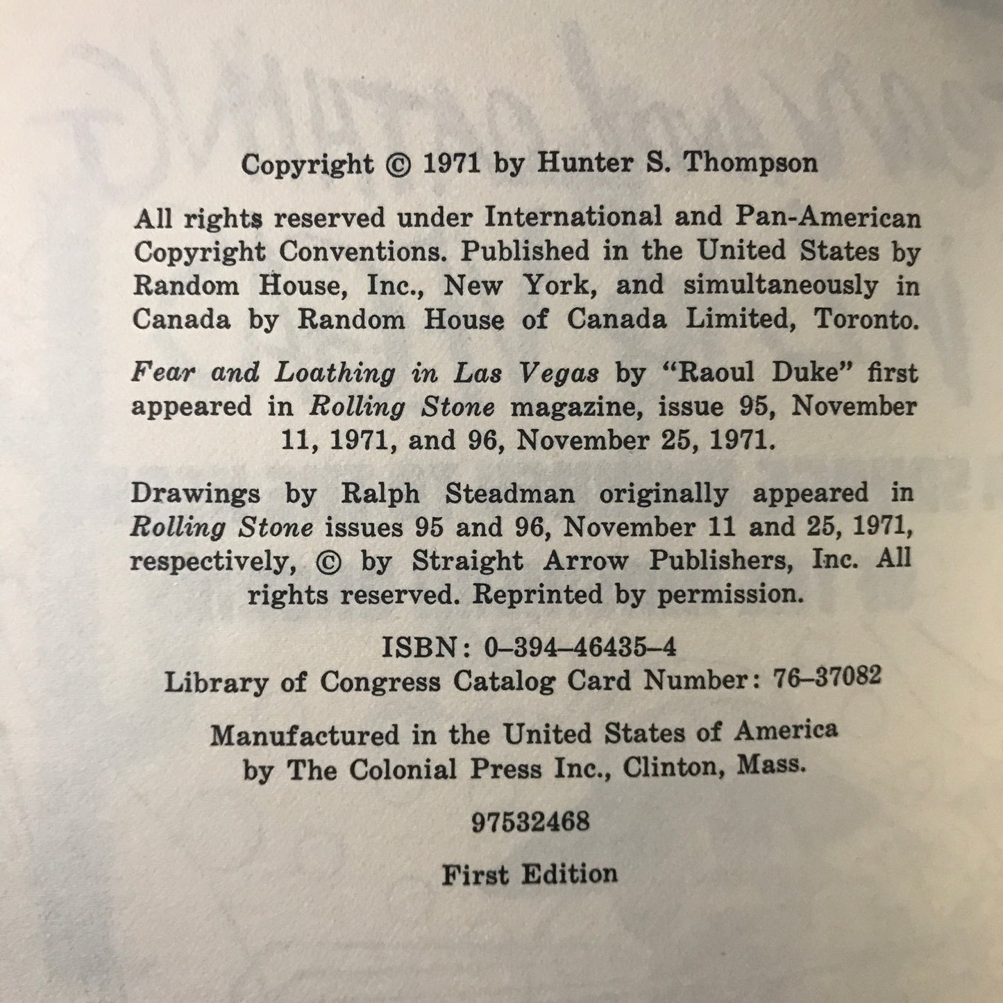 Fear and Loathing in Las Vegas - Hunter S. Thompson - 1st Edition - 1971