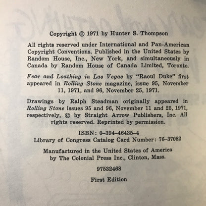 Fear and Loathing in Las Vegas - Hunter S. Thompson - 1st Edition - 1971