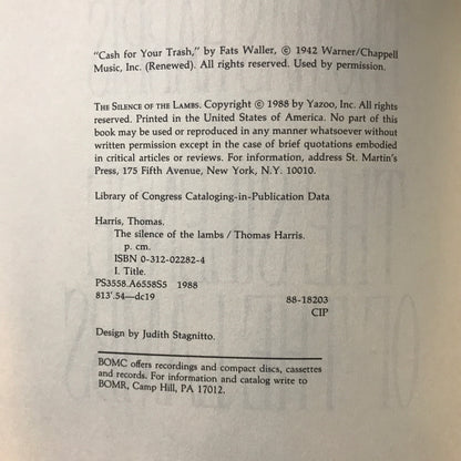 The Silence of the Lambs - Thomas Harris - Trade Size Book Club Edition - 1988