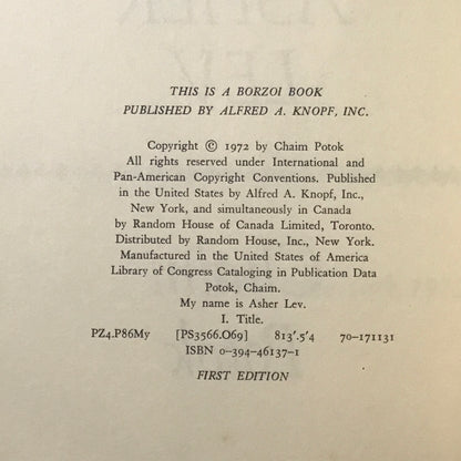 My Name is Asher Lev - Chaim Potok - 1st Edition - 1972